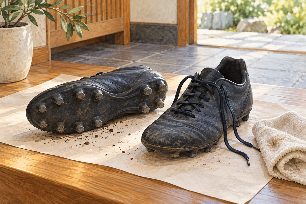 紙の上に並べた黒いスパイクと布、横向きの靴に見える靴底の突起